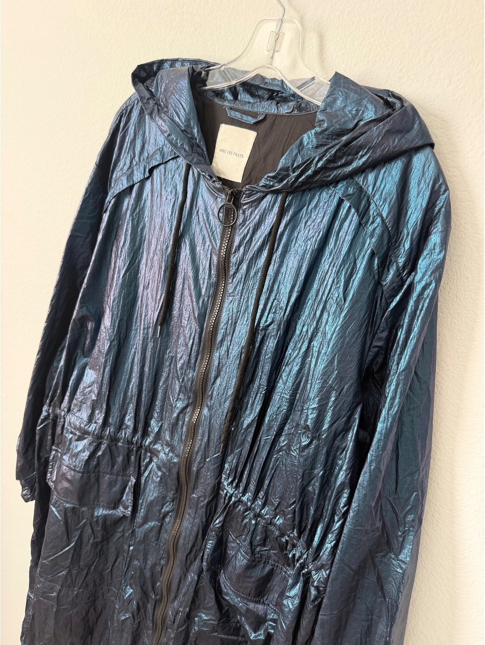 Avec Les Filles Teal Tone Metallic Long Sleeve Zip Up Hooded Rain Jacket Size L - Picture 3 of 9